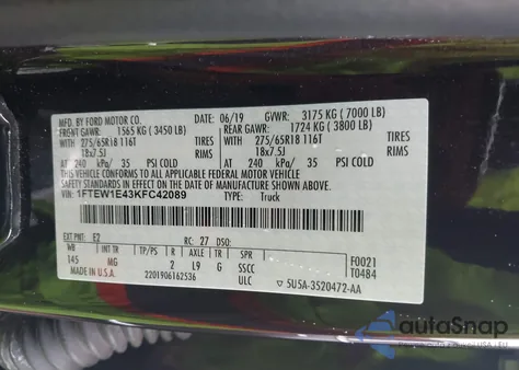 2019 Ford F150 Supercrew z USA, uszkodzony, nr VIN 1FTEW1E43KFC42089